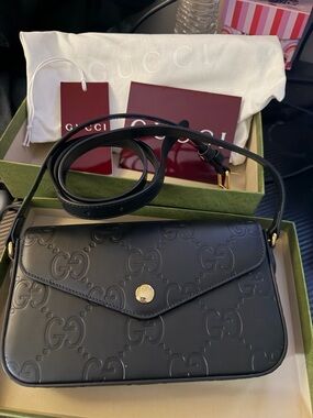 Gucci Black Embossed Leather Shoulder Bag with Gold Hardware